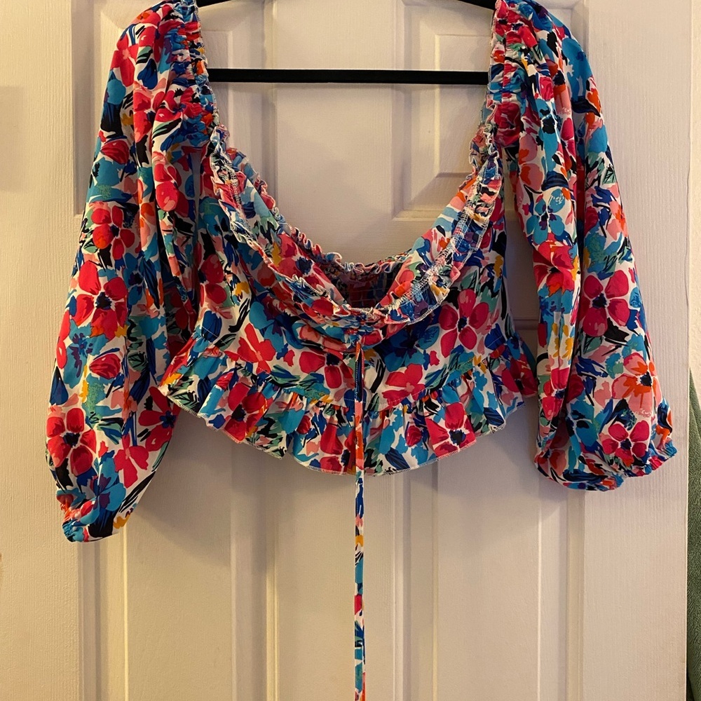 Pink Lily Sonic Blooms Floral Pink and Blue Off the Shoulder Long Sleeve Blouse